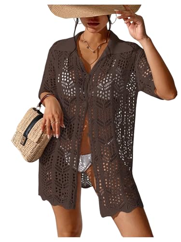 Image of GORGLITTER Women's Crochet Swimsuit Coverups Dress Button Down Short Sleeve Beach Vacation Summer Cover Up Dresses 2025