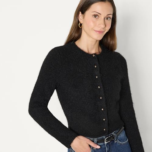 Amazon Essentials Women's Regular-Fit Faux Mohair Wool Blend Sweater Cardigan with Gold Buttons, High Round Neckline, Black, Small - image 3