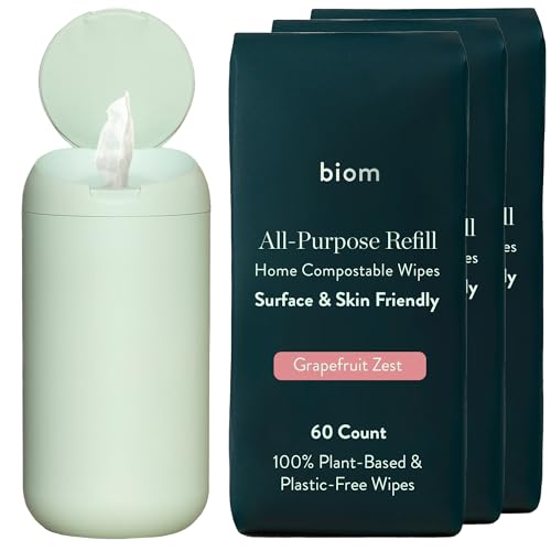 Biom Dispenser + All-Purpose Wipes Starter Kit - Non-Toxic Cleaning Wipes | Biodegradable Plant-Based Surface Cleaner for Home & Travel | Kid & Pet Friendly, All Natural (Sea Foam)