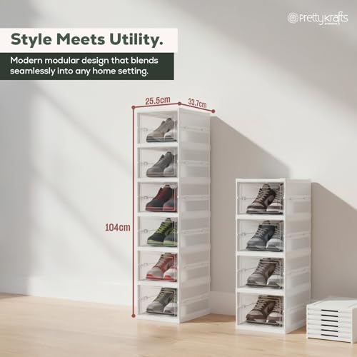 Image of PrettyKrafts 6-Tier Collapsible Shoe Rack with Door | Heavy Duty Plastic Sneaker Crates | Transparent Shoe Boxes | Sneaker Shoe Stand | Organiser for Heels, Boots, Loafers, Slippers (26 x35 x 90 cm)