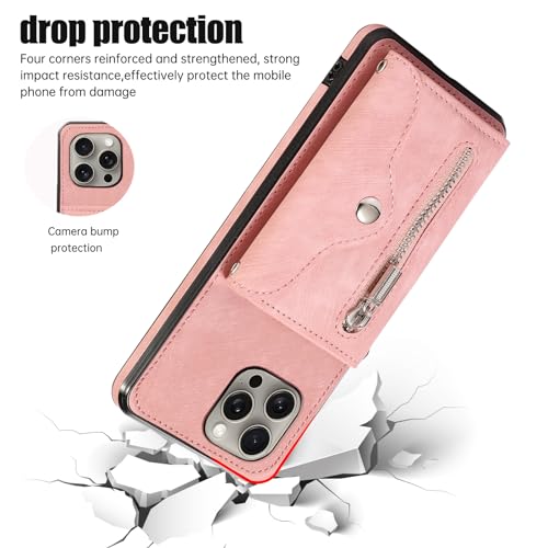 Étui portefeuille iPhone 15 Pro Max antichoc avec support et dragonne or rose