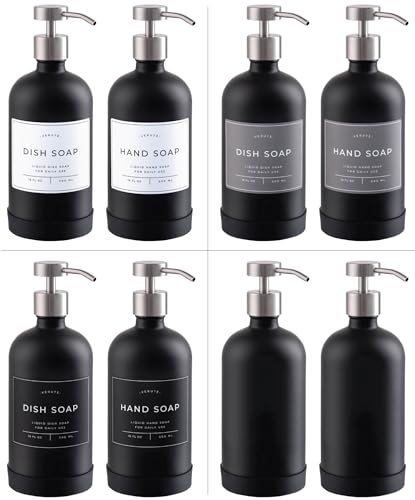 Image of Hand and Dish Soap Dispenser for Kitchen and Bathroom, Set of 2 16 Oz Glass Bottles, Stainless Steel Pumps, Non-Slip Silicone Base, 27 Waterproof Labels (Matte Black Bottle /Brushed Silver Pump)