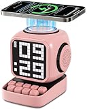 Retro Robot 5-in-1 Bluetooth Speaker: 15W Wireless Charger, Pixel LED Screen, 10W Stereo Sound & 15 White Noise, Alarm Clock, Cute Portable Wireless Speaker for Bedroom Desk Office, Birthday Gifts