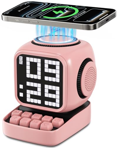 Image of Retro Robot 5-in-1 Bluetooth Speaker: 15W Wireless Charger, Pixel LED Screen, 10W Stereo Sound & 15 White Noise, Alarm Clock, Cute Portable Wireless Speaker for Bedroom Desk Office, Birthday Gifts