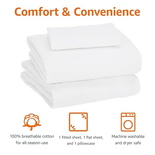 Image of Amazon Basics 3 Piece Bed Sheets Set, 100% Cotton Jersey, Includes Super Soft, Flat and Fitted Sheets, Pillowcase, Toddler, White, Solid