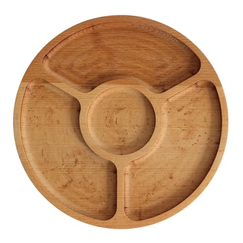 4BIG.fun Plato de Madera Natural de 28 cm Con 4 Compartimentos Divididos para Servir Entrantes, Queso y Aperitivos, Tabla para Carne
