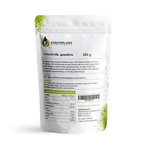 Kräuterland Teufelskralle gemahlen, 500g Pulver, 100% Rein, original afrikanische Premiumqualität, mehr Freude an Bewegung, für Mensch, Hund, Pferd und Katze