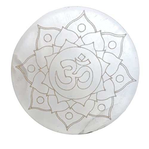 Handmade by mmCrystals Engraved Selenite Crystal Charging Plate - Lotus Flower Om Crystal Grid Natural Polished Selenite Charging Plate for Reiki Energy Healing Stones Display