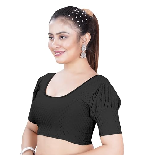 Image of Women's Black Embroidered Crop Top with Short Puff Sleeves, Scoop Neck