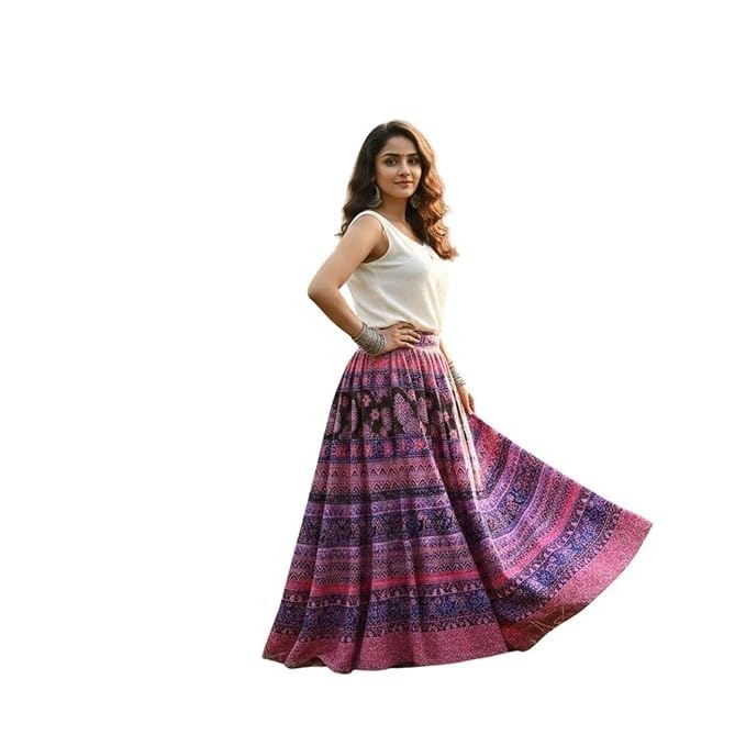 Image of HARSHITA-Enterprises Jaipuri Women's Cotton Printed Elastic Long Skirts