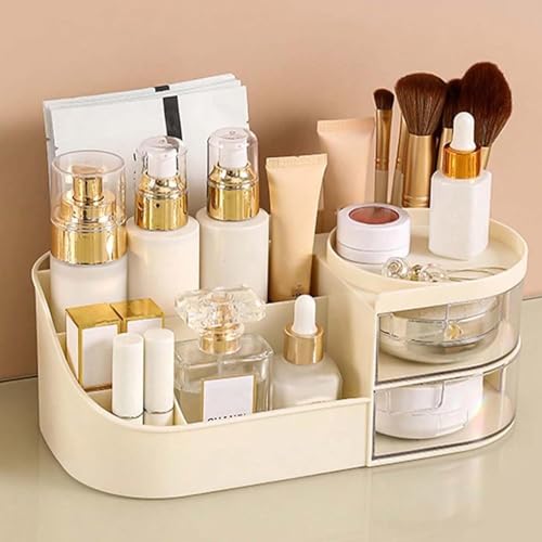 Image of Makeup Organizer Stand Desk Storage Dressing Table Organiser Cosmetic Organizer Box Skin Care Table Bathroom Organiser Makeup Storage Box Makeup Vanity with Transparent Drawer(Cream)