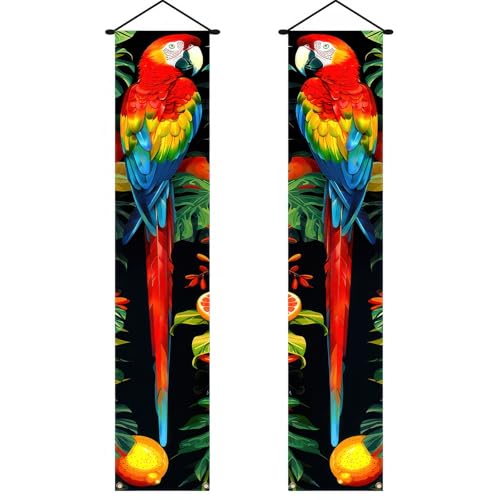 Image of BlissYard 2pcs Spring Summer Door Banner Hawaiian Tropical Parrot Porch Sign Banner Tropical Floral Colorful Parrot Wall Hanging Banners for Outdoor Summer Tiki Bar Decor Party Supplies