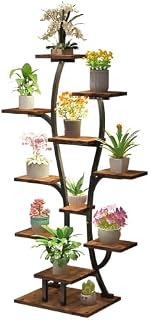 Modern Grow Lights for Indoor Plants Combo, Vase Shaped Metal Flower Stand Base, Tiered Tree Wood Shelf Corner Decor, Black and Dark Walnut