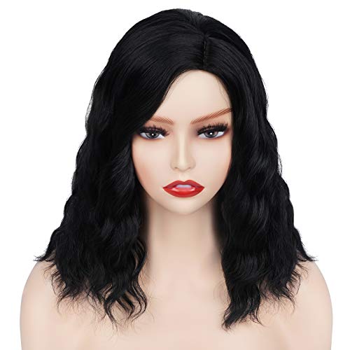 Short Wavy Black Wig Shoulder Length Wave Wigs Side Part Wavy Bob for Women Synthetic Natural Looking, for Cosplay Party Daily Use, 14 Inch
