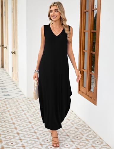 Image of JollieLovin Women Plus Size Summer Tank Maxi Dresses Sleeveless Causal V Neck Beach Long Dresses Swim Cover up (L-5X)