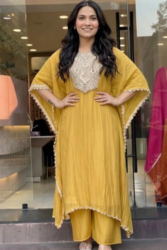 Image of GoSriKi Fendy Glass Embroidered A-Line Kurta with Palazzo for Women | Fendy Glass Grey | Kaftan Sleeve | Round Neck | Ethnic Wear Casual Wear