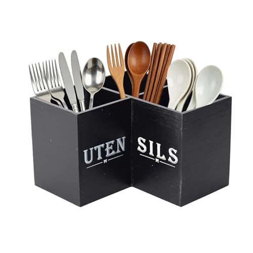 Generico Porta utensilios de cocina para mostrador, bandeja para cubiertos de madera, porta cucharas de cocina – Para cubiertos, vajilla, cucharas, tenedores, espátulas, palillos, servilletas