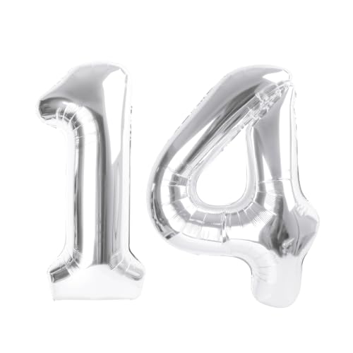 Image of Number Balloons 14 Balloon 40 inch Silver for 14 41 Birthday Decoration | Saturated Color, Large 40 in, With Straw & Hanging Hole, For Graduation Season, Thanksgiving, Anniversary, Christmas