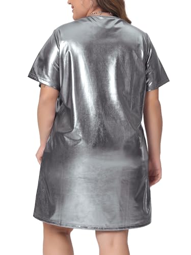 Image of Agnes Orinda Plus Size Dress for Women Metallic Round Neck Short Sleeve Party Clubwear Loose Mini T-Shirt Dress