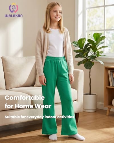 Image of WELAKEN Girls Sweatpants for Casual & Athletic - Kids Flared Pants Bell-Bottom Trousers with Pockets