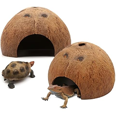 BREUAILY 2Pcs Natural Coconut Reptile Hideouts Pets Turtle Lizard Cave House Aquarium Hide House Decor for Betta Fish Lizard Snake Spider Bearded Dragon Gecko Cover
