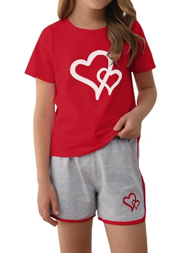 Image of Girl's 2 Piece Outfits Cute Summer T-Shirt and Graphic Shorts Clothing Sets Red Grey 7-8Y
