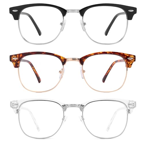 Image of Przene Blue Light Blocking Glasses for Men Women Retro Round Semi Rimless UV400 Computer Eyewear 3-Pack Black /leopard /transparent