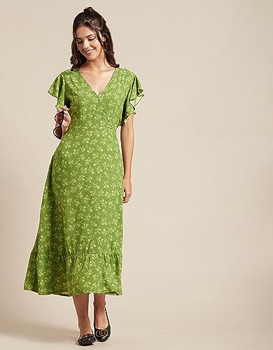 Image of Moomaya Women's Printed Dress, V-Neck, Short Sleeves, Ruffled Midi Summer Dress