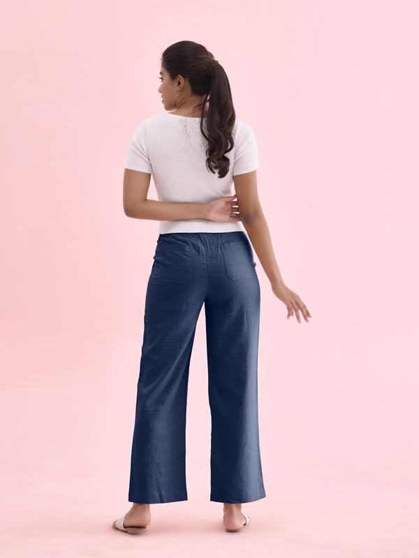 Image of GO COLORS Solid Linen Cargo Pants for Women | Full Length, Mid Rise, Side Pockets