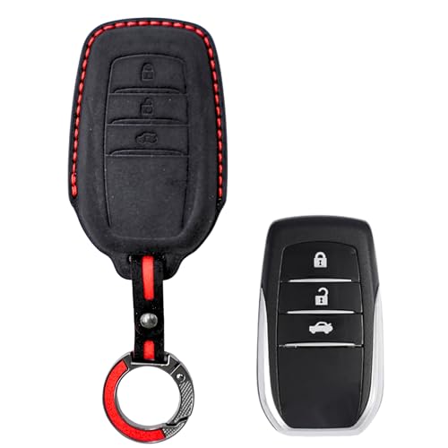 Image of KMH Alcantara Key Cover Compatible with Toyota Fortuner | Fortuner Legender | Innova Hycross 3 Button Shell Case Holder Full Key Protector Smart Keycover with Keychain (D3) Black - Pack of 2