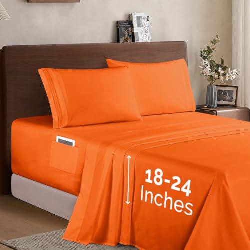 Image of Elegant Comfort Luxury 1500 Premium Hotel Quality Microfiber 4-Piece Sheet Set - Soft, All Around Elastic 18-24 Inches Deep Fitted Sheet - Extra Deep Pocket Sheets, Full, Elite Orange