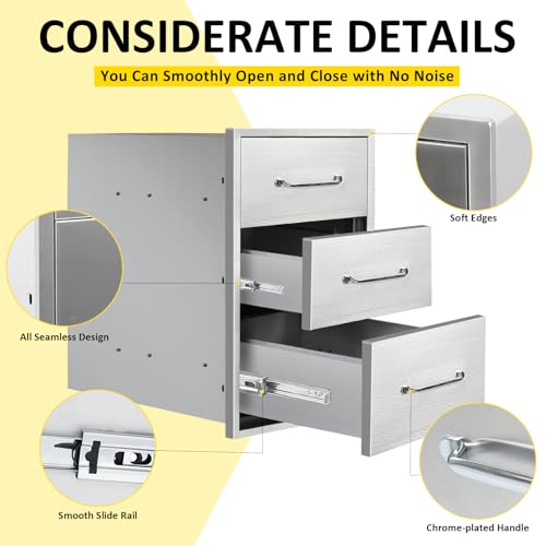 Image of Outdoor Kitchen Drawers 14 inch W x 21 inchH x 21 inchD Stainless Steel Drawer Flush Mount Triple BBQ Drawers with Chrome Handle for Outdoor Kitchen Island, Patio Grill Station