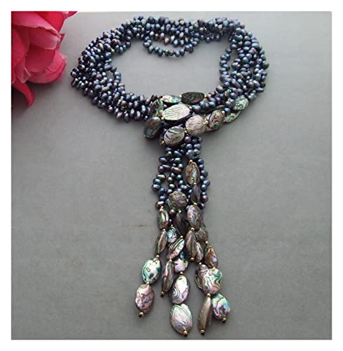Uthty Charm Necklace 3 Strands Freshwater Cultured Black Pearl Abalone Shell Loop Long Sweater Necklace 50Inch Gifts For Ladies #TOP2