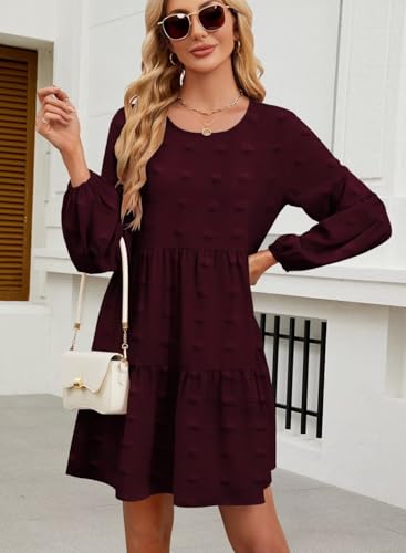 Image of QACOHU Falll Dresses for Women 2026 Crew Neck Long Lantern Sleeve Casual Loose Flowy Swing Shift Dress
