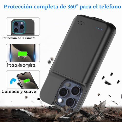 Funda batería para iPhone 15 Pro Max cargador portátil negro recargable de 8500mAh 5