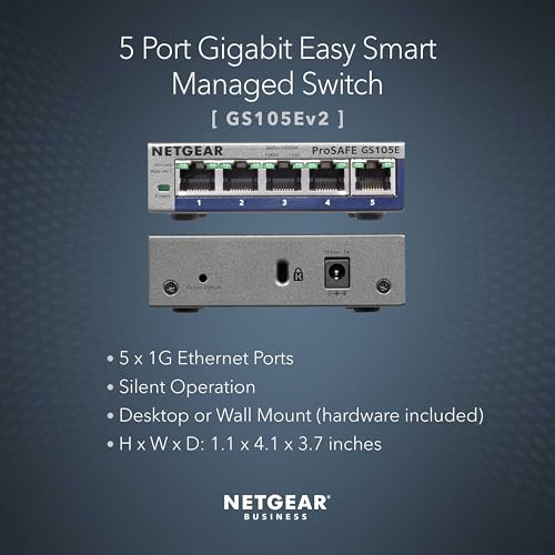 Image of NETGEAR 5-Port Gigabit Ethernet Easy Smart Managed Switch (GS105Ev2) - Managed, Desktop or Wall Mount