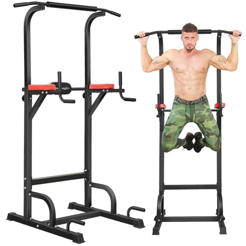 BangTong&Li Power Tower - Estación de inmersión ajustable para dominadas y inmersión, multifunción, entrenamiento de fuerza, barra de dominadas, equipo de fitness para gimnasio en casa (negro y rojo)