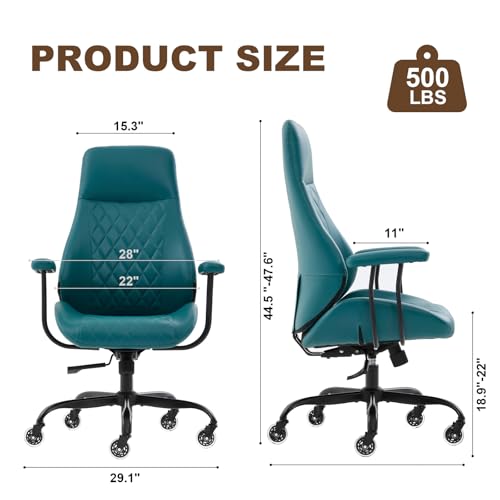 Image of E-Motie Leather Office Chair, Mid Century Modern Desk Chair, Green | Ergonomic, Lumbar Support, 360 Swivel & Rolling Wheels, Adjustable Height, for Adults & Women