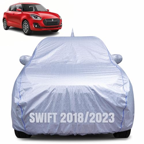 Image of 100% Waterproof Car Body Cover for Maruti Suzuki Swift (2018-2023) with Mirror Pocket, Heat & UV Resistant, Triple Stitched, Soft Lining, Bottom Elastic & Piping (Silver Reflective)