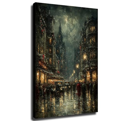 Rainy Night City Landscape Poster, Retro Street Scene Art Wall Painting, Canvas Material, Can Be Hung Directly, Suitable for Living Room, Bedroom, and Office Decoration (Framed,16×24inch)