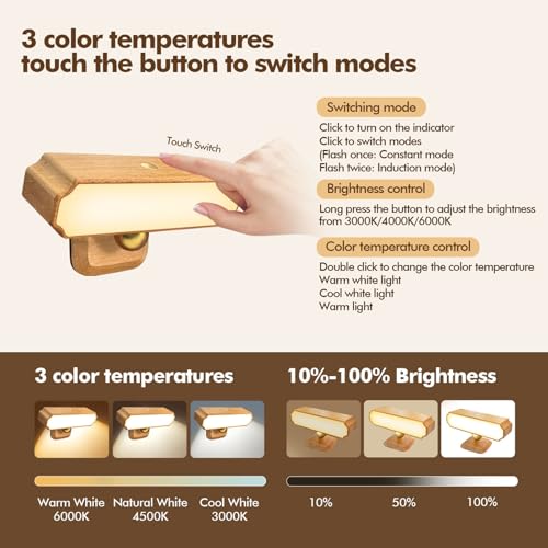Lámpara de pared sin cables para evitar zonas oscuras con sensor de movimiento táctil USB 3