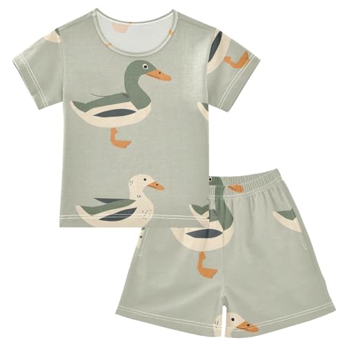 Summer Pajama Set Green White Goose, Short Sleeve Sleepwear Nightwear