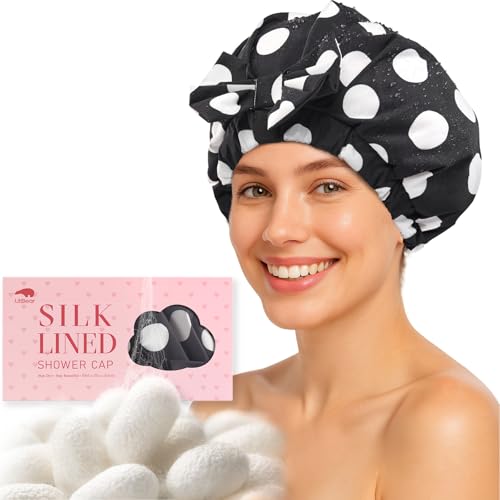 LitBear Luxury Silk Lined Shower Caps for Women Reusable Waterproof | Double Layered Large Bathing Hair Cap with Adjustable Elastic Strap, Non-slip, Quick-dry, for Long Short Hair, Black Dot