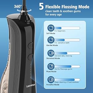 Leominor Water Dental Flosser - 5 Modes Cordless Portable Oral Irrigator, IPX7 Waterproof, Rechargeable Teeth Cleaner Upgrade Datchable Tank Professional Flossing Cleaning Pick for Home Travel (Black) — photo 2 of 6