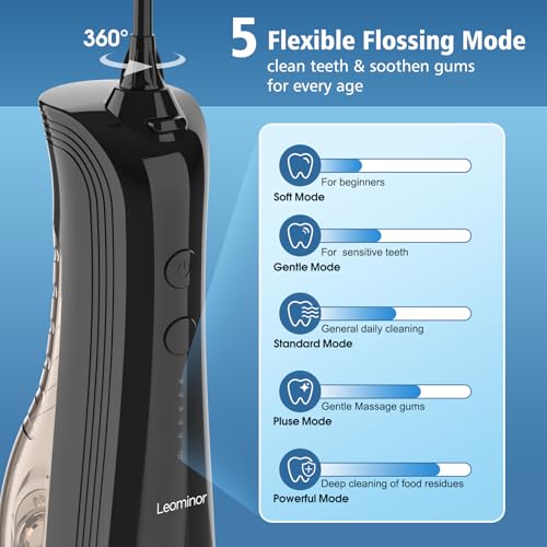 Leominor Water Dental Flosser - 5 Modes Cordless Portable Oral Irrigator, IPX7 Waterproof, Rechargeable Teeth Cleaner Upgrade Datchable Tank Professional Flossing Cleaning Pick for Home Travel (Black) image 2