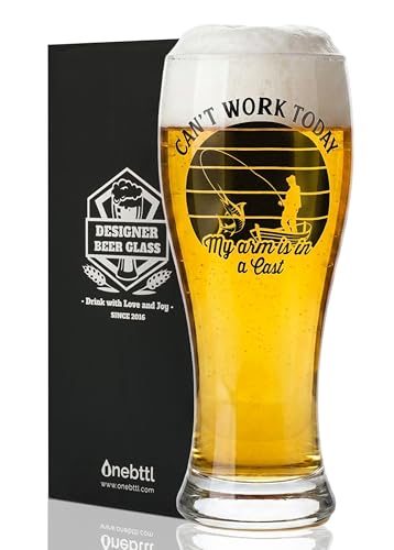 Onebttl Fishing Gifts for Men Unique, 15oz Beer Glass, Funny Gift Idea for Christmas, Father's Day, Birthday, Can't Work Today