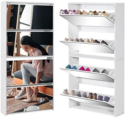 Shoe Storage Cabinet for Entryway Slim, White Wood Shoe Rack Organizer with 4 Flip Mirror Drawers, Freestanding Modern Narrow Shoes Storage Cabinet, Apartment, Living Room