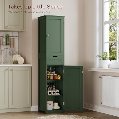 Image of TEENFON Tall Bathroom Cabinet with 2 Doors & 1 Drawer, Narrow Bathroom Storage Cabinet with Adjustable Shelves, for Living Room, Entryway, Kitchen, Forest Green