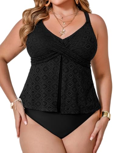 CUPSHE Women's Plus Size Tankini Sets V Neck Wrapped Front Two Piece Swimsuits Crisscross Back Self Tie Mid Rise