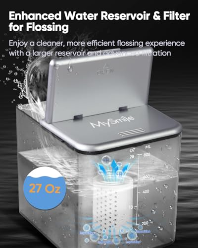 MySmile LP233 Countertop Water Flosser for Teeth Cleaning with UVC Sanitizer Light and Heating System, 800ML Eletric Power Flosser Includes a Water Filter 3 Modes and 6 Jet Tips (Frosted Silver)